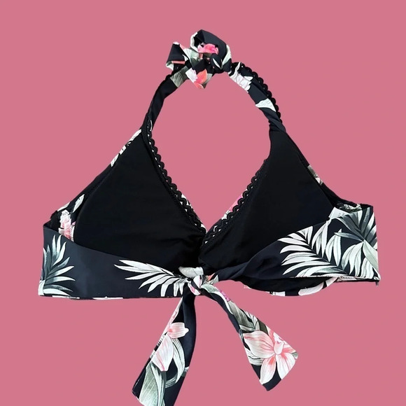 Tommy Bahama XS Twist Front Underwire Halter Tie Bikini Top Black Floral Swim - Picture 2 of 5